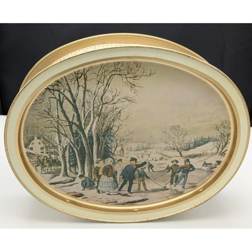 Sunshine Biscuits Tin Both Trays Currier & Ives American Homestead Winter Summer